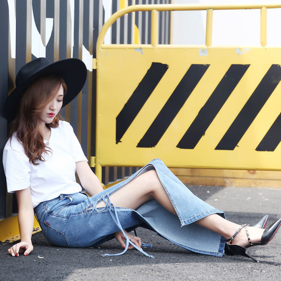 Oversized high-rise side wide-leg jeans