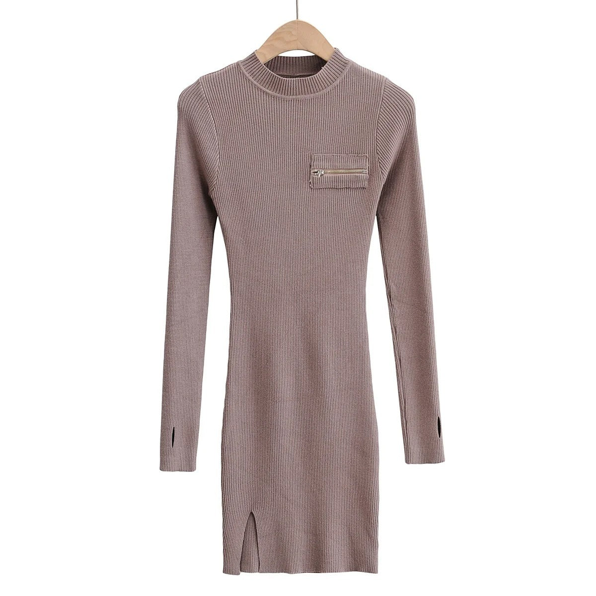 Chest ZipperSide Slit Dress Women's Long Sleeve Hip Skirt