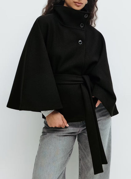 Women's Autumn And Winter New Solid Color Cloak Stand Collar Button Belt Trench Coat