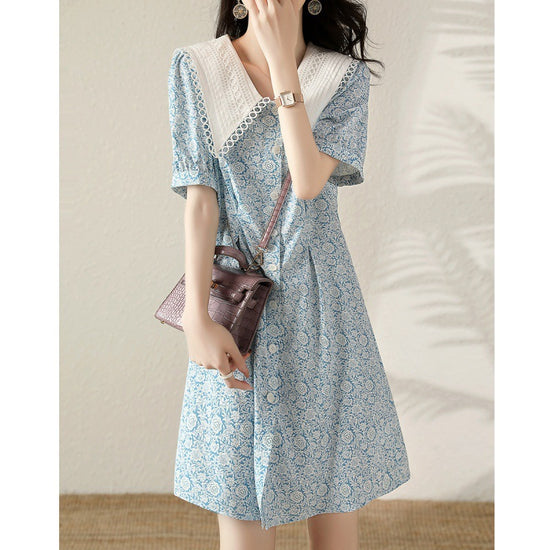 Summer New Fashion Temperament Waist-controlled Slimming Lapel Puff Sleeve Dress