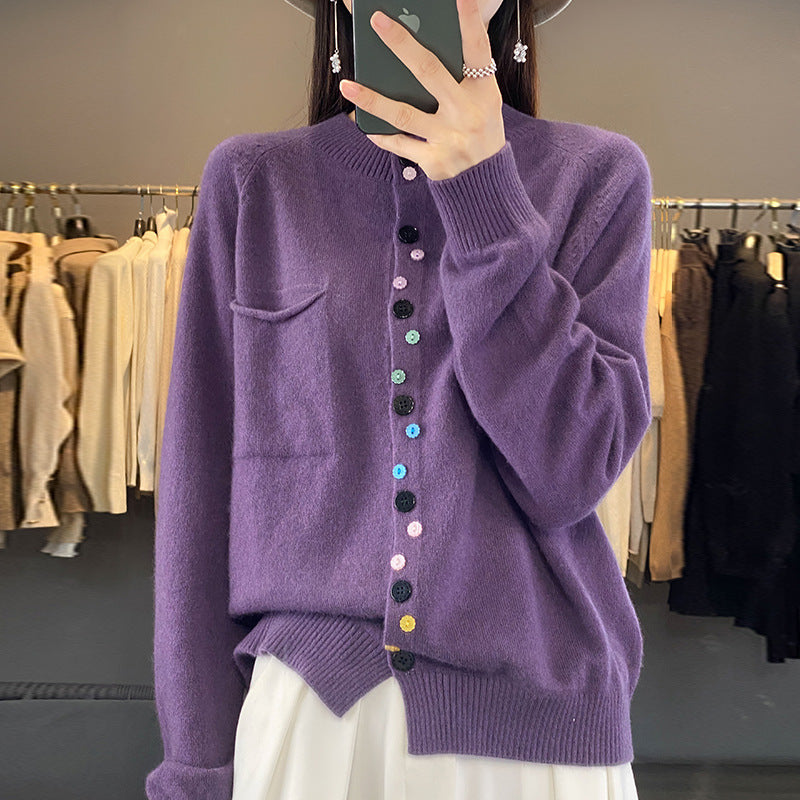 Women's Round Neck Knitted Cardigan With Color Buckle Inner Wear Blouse