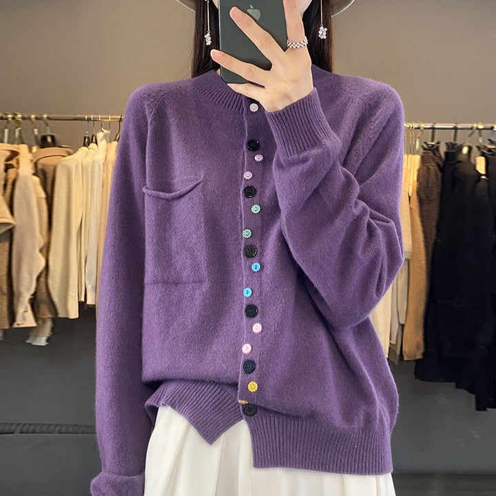 Women's Round Neck Knitted Cardigan With Color Buckle Inner Wear Blouse