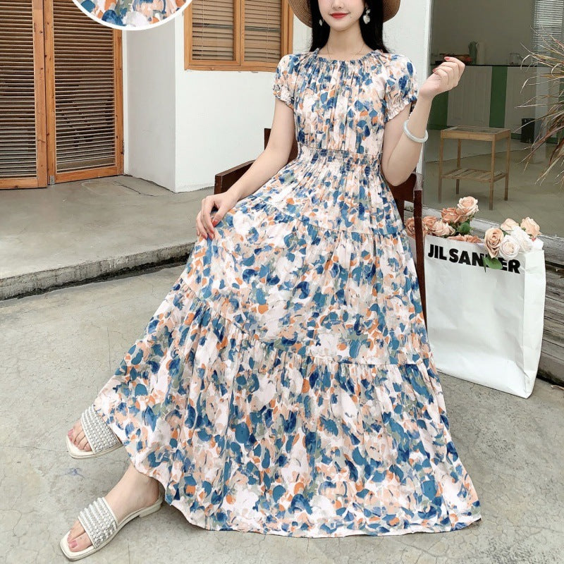 Cotton Silk Floral Korean Style Ladies Elegant Slim-fit Dress