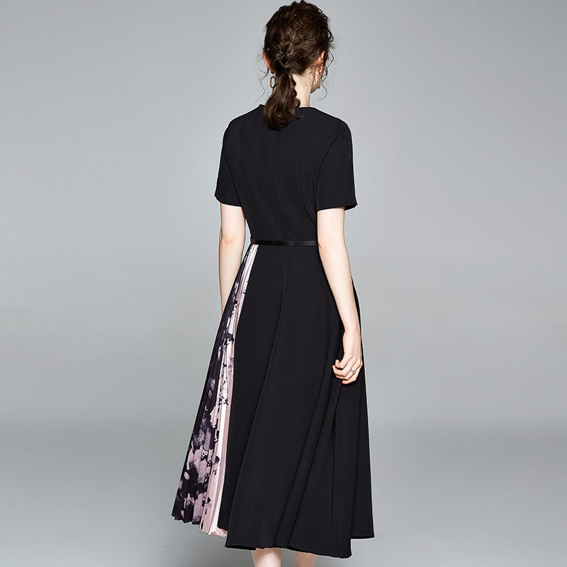 Women's Round Neck Short Sleeve Printed Stitching Pleated Dress