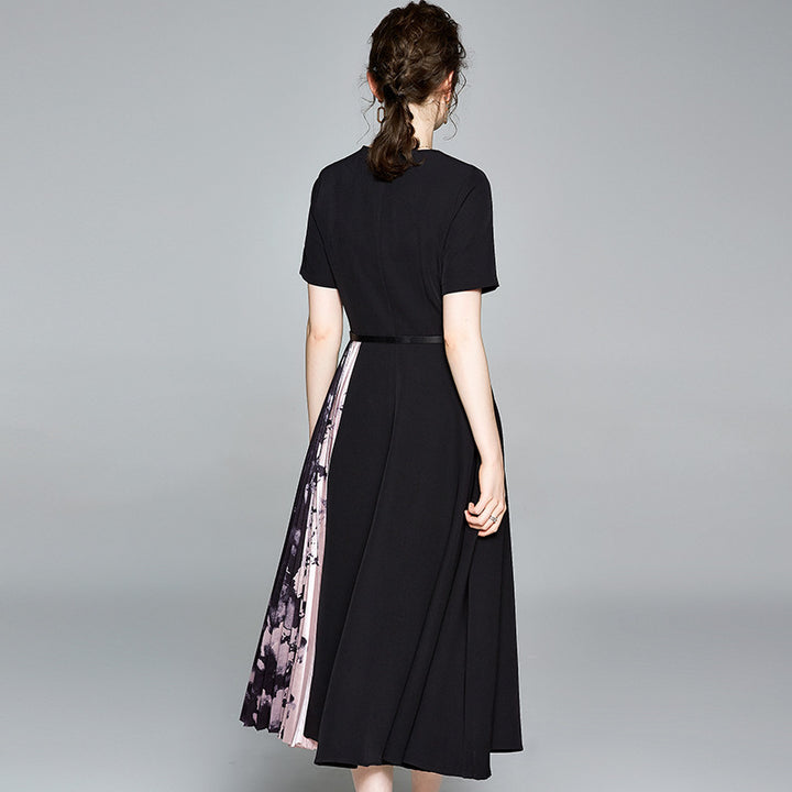 Women's Round Neck Short Sleeve Printed Stitching Pleated Dress
