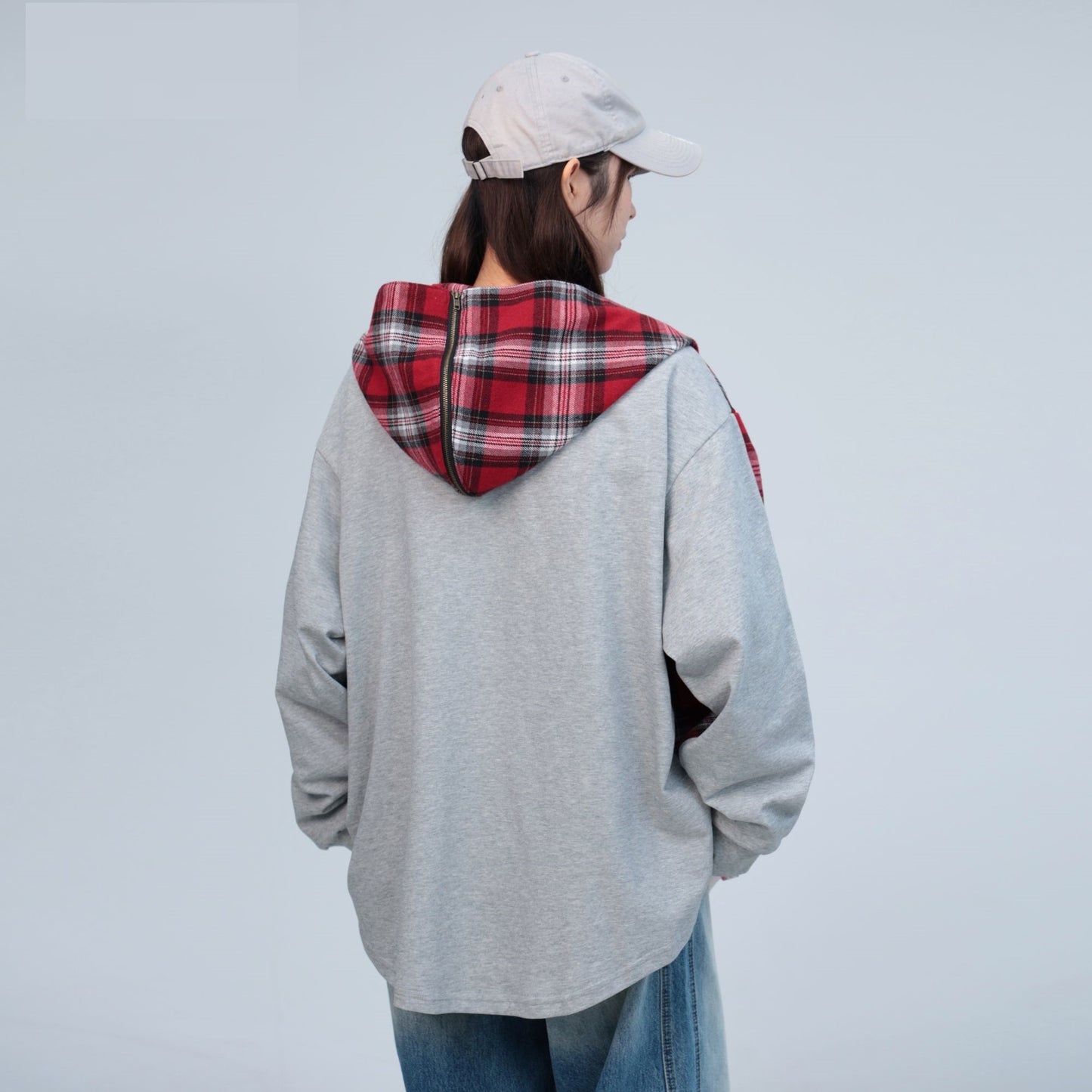 Plaid Stitching Gray Rayon Hooded Cape Shirt