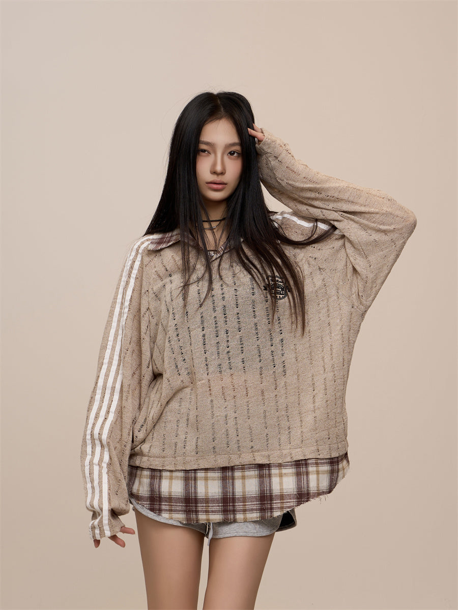 Hollow-out Fake Two-piece Long-sleeved Shirt