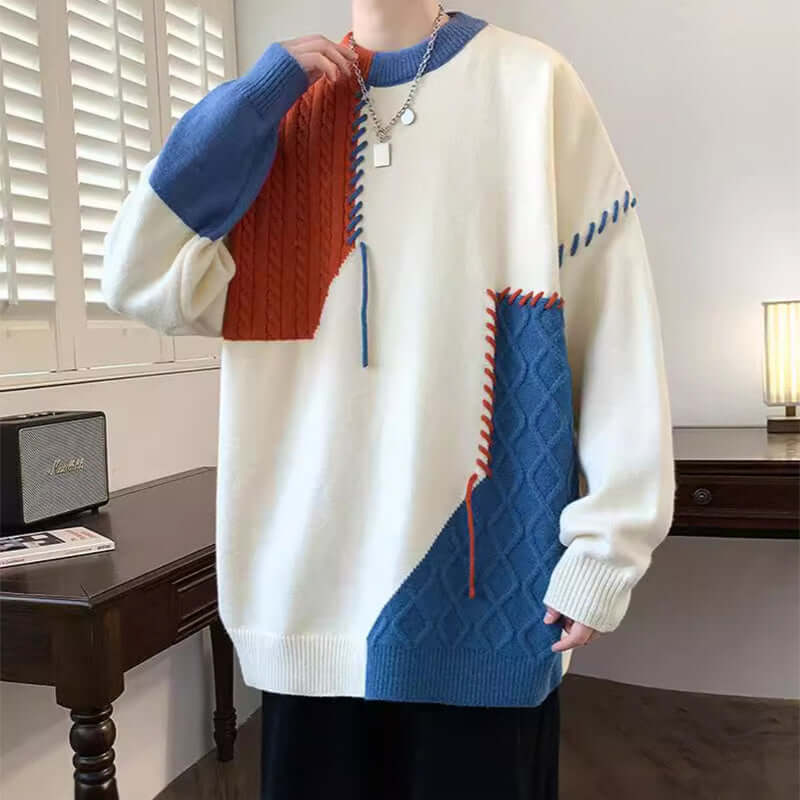 Colorblock Pullover Sweater Winter Fashion Long Sleeve Top Men's Clothing - Overview: Unique design, stylish and beautiful. Good material, comfortable wear. A variety of colors, any choice. Product information: Color: green, orange, gray Suitable for peop