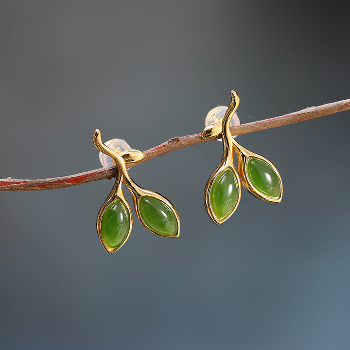 925 Sterling Silver Hetian Jade Bud Stud Earrings Artistic