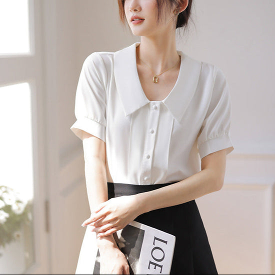 French Style White Short-sleeved Chiffon Shirt With Doll Collar Retro Lantern Sleeve