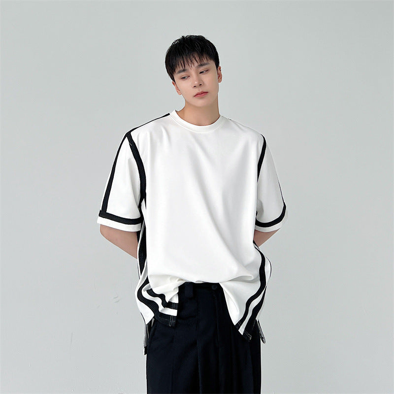 Black And White Paneled Contrast Web Stripe Short Sleeve T-Shirt