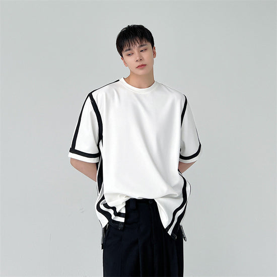 Black And White Paneled Contrast Web Stripe Short Sleeve T-Shirt