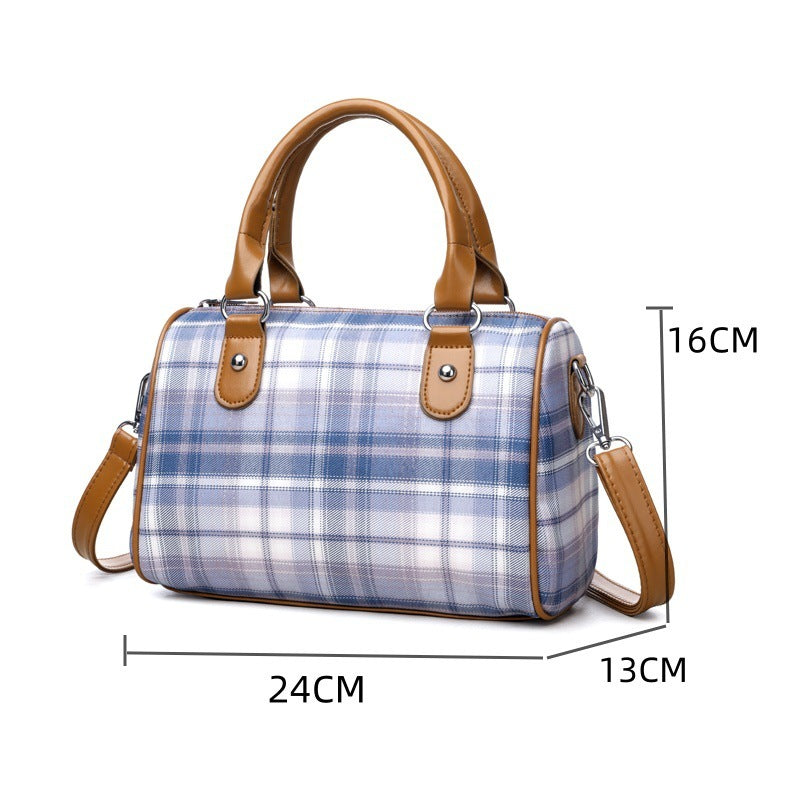 Plaid Academy Style Round Barrel Shoulder Bag