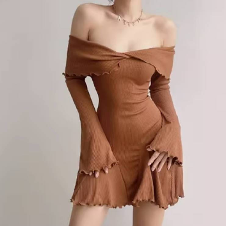 Off-shoulder Cross Long Sleeves Dress