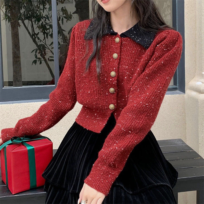 Light Luxury Socialite French Style Classic Style Lapel Knitted Cardigan For Women