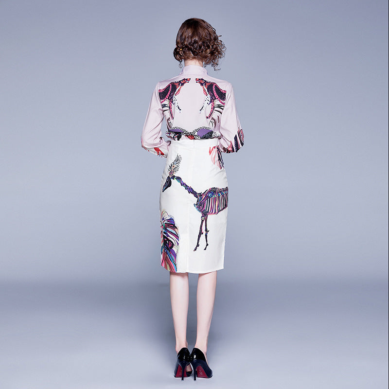 2 Piece Skirt Set Women Print Elegant Blouse Shirt