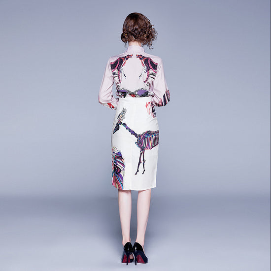2 Piece Skirt Set Women Print Elegant Blouse Shirt