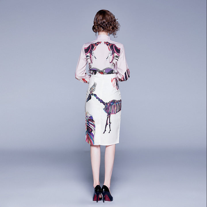2 Piece Skirt Set Women Print Elegant Blouse Shirt