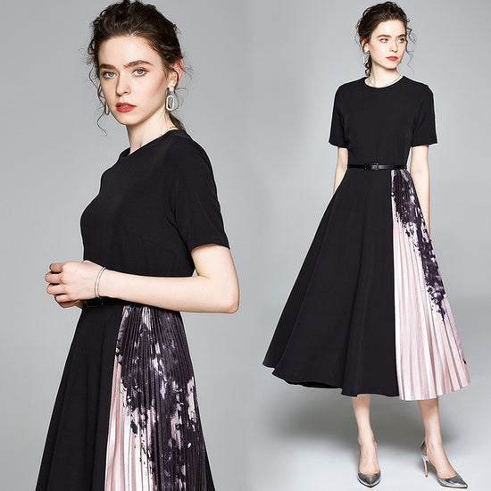 Women's Round Neck Short Sleeve Printed Stitching Pleated Dress