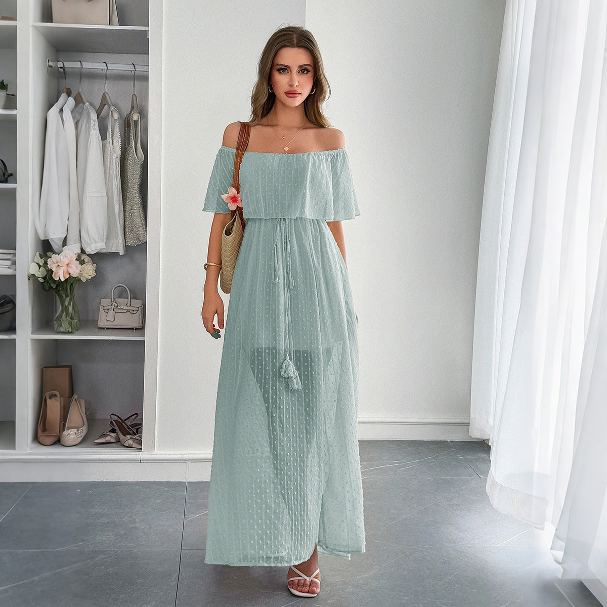 European And American Leisure Simple Style Off-the-shoulder Semi-transparent Slim Fit Dress