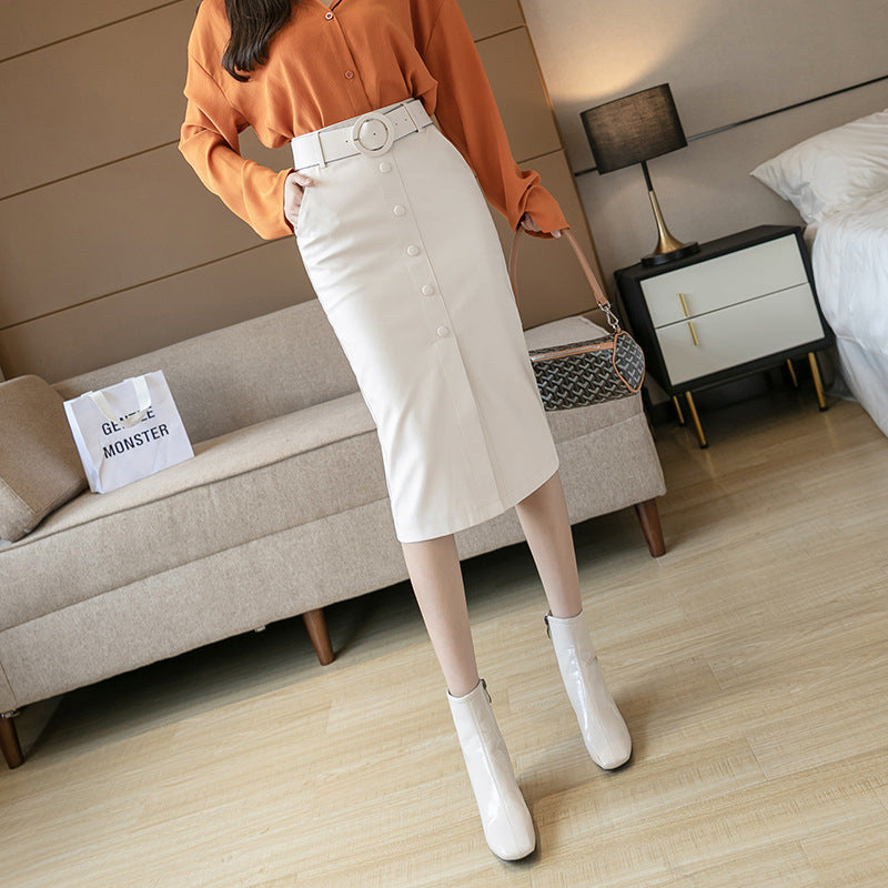 PU Mid-length package hip skirt with belt