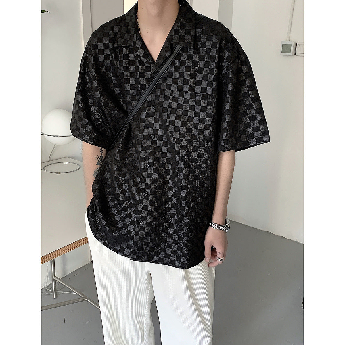 Men's Summer Checkerboard Short Sleeve Shirt Breathable And Light