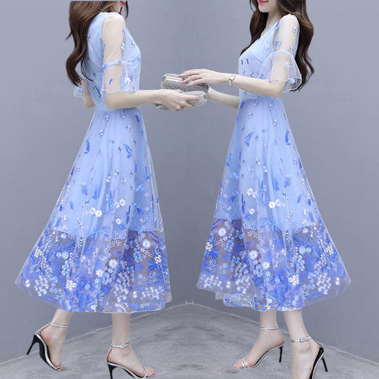 Women's Printed Ruffle Sleeve Mid-length Dress
