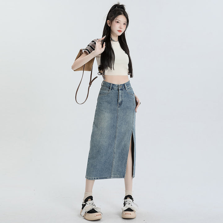 Women's Orange Silk Split Denim Skirt For Hot Girls Summer High Waist