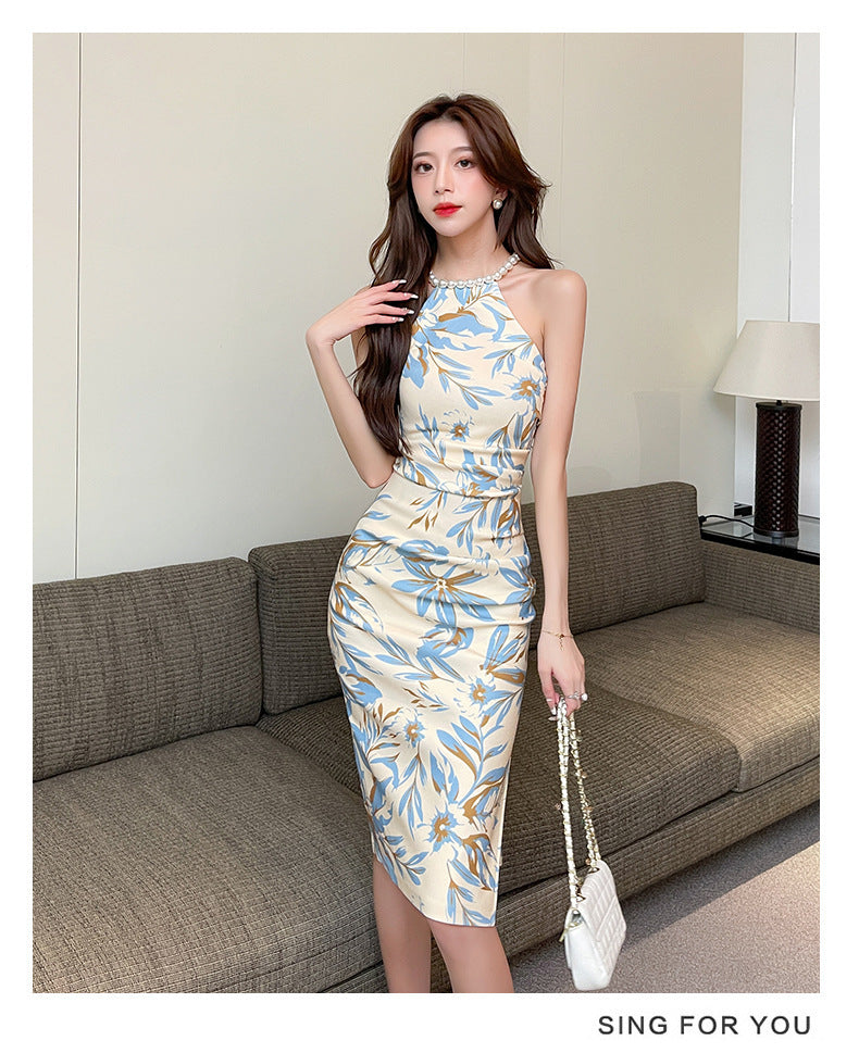 Women's Split Waist Fitted Floral Sleeveless Pearl Halter Dress