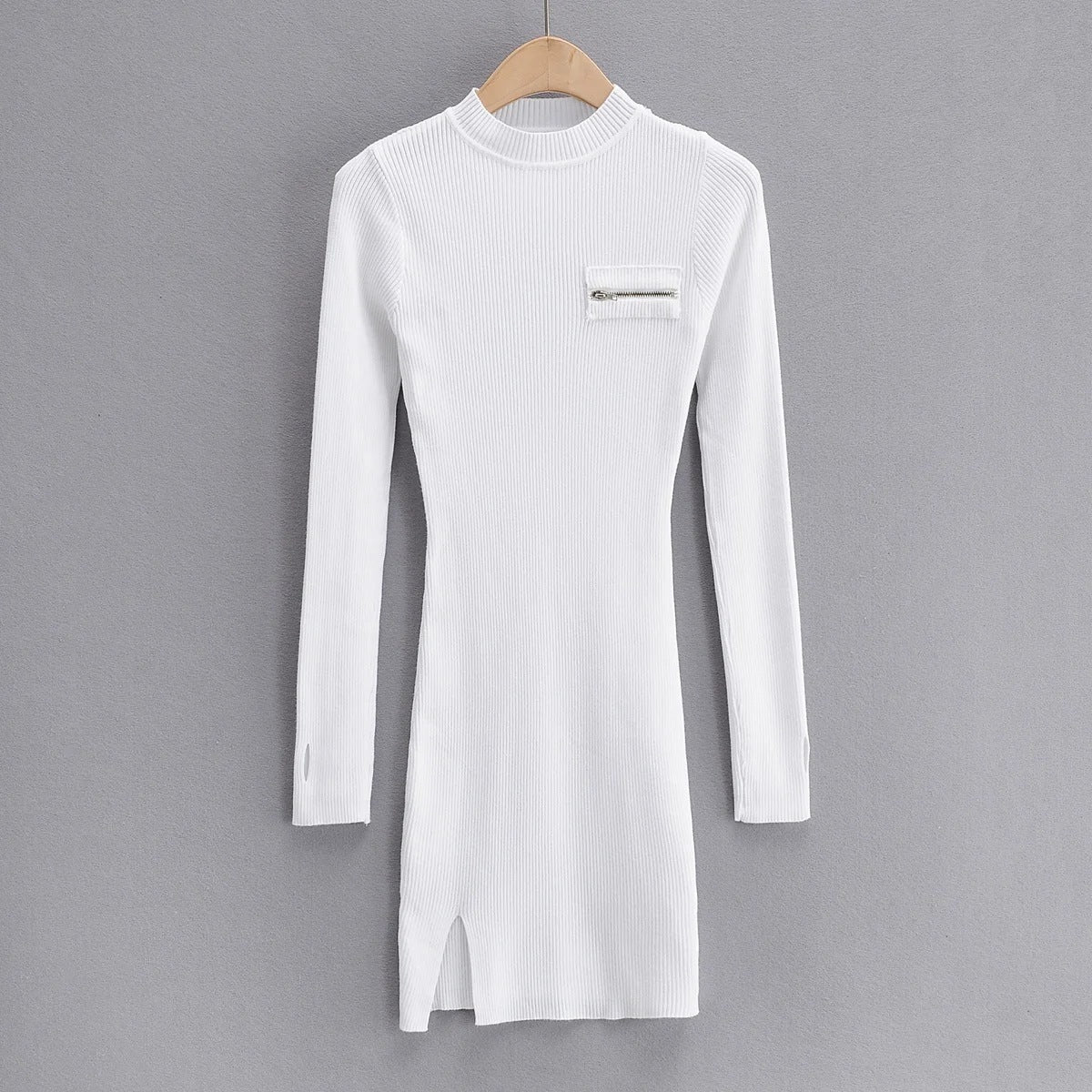 Chest ZipperSide Slit Dress Women's Long Sleeve Hip Skirt