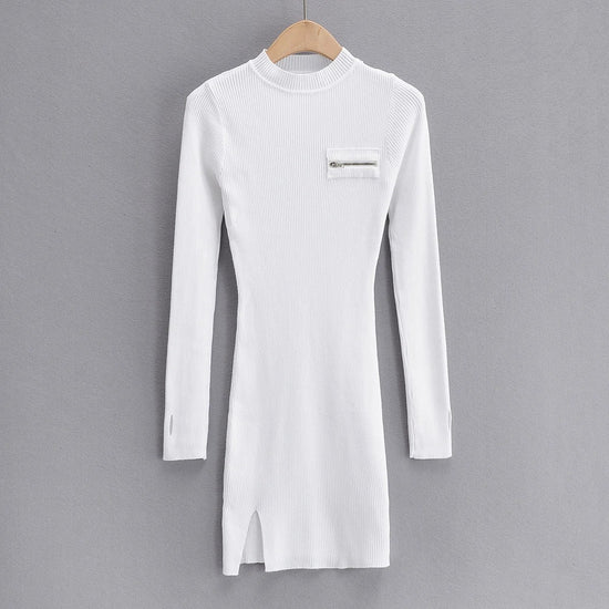 Chest ZipperSide Slit Dress Women's Long Sleeve Hip Skirt