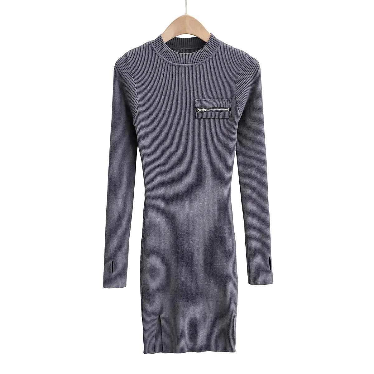 Chest ZipperSide Slit Dress Women's Long Sleeve Hip Skirt