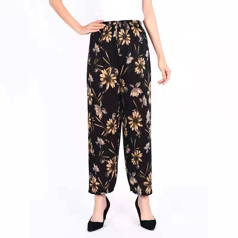 Ice Silk Wide-leg Pants Middle-aged And Elderly Loose Flower Pants