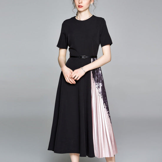 Women's Round Neck Short Sleeve Printed Stitching Pleated Dress