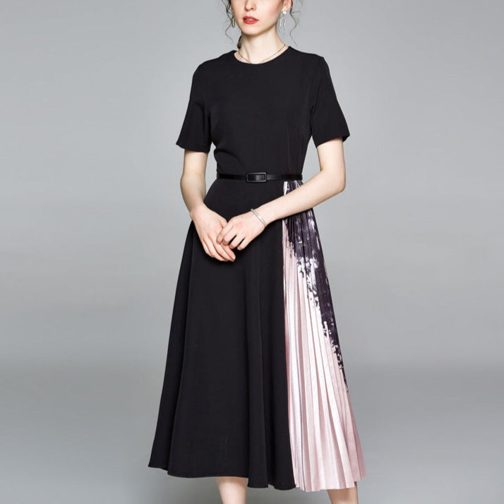 Women's Round Neck Short Sleeve Printed Stitching Pleated Dress