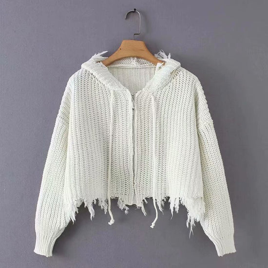 European And American Hooded Tassel Zipper Sweaters Coat