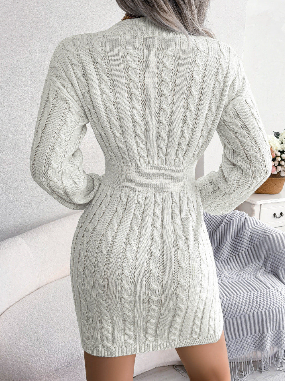 Solid Color V-Neck Long Sleeve Knit Dress Womens Clothing
