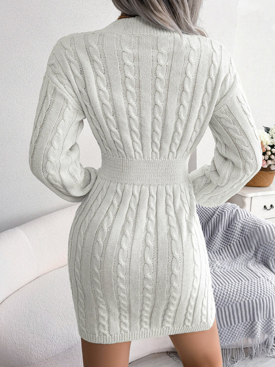 Solid Color V-Neck Long Sleeve Knit Dress Womens Clothing