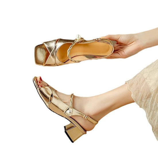 French Style Buckle Open Toe High Heel Fish Mouth Square Toe Sandals Women