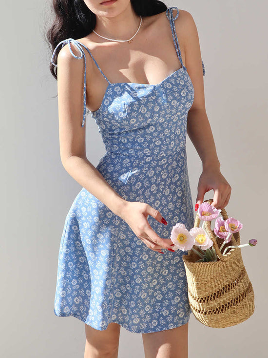 Floral Printed Lace Up Slip Dress Vacation Style Casual Dress