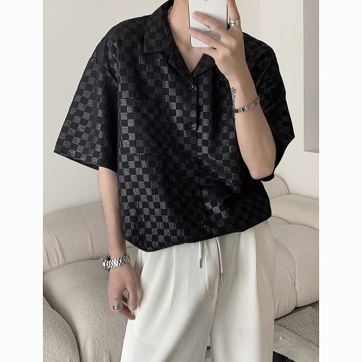 Men's Summer Checkerboard Short Sleeve Shirt Breathable And Light