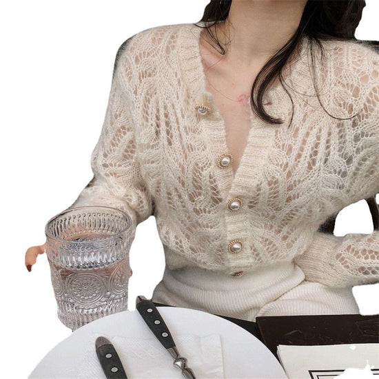 Women's French-style Mohair Hollow-out Thin Knitted Cardigan