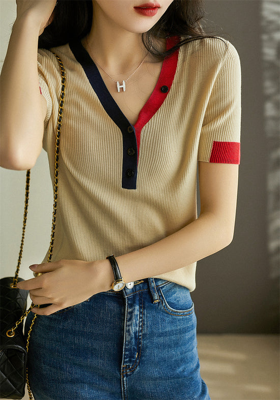 Solid Color And V-neck T-shirt Women's Ice Silk Sweater Sweater Loose Short Sleeve
