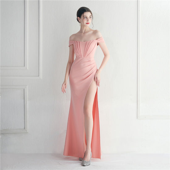 Female Solid Color Off Shoulder One Neck Slit Dress