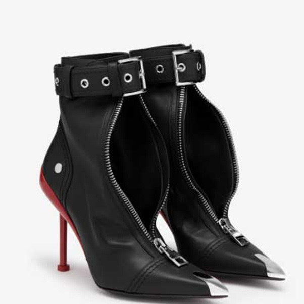 Shaped High Heeled Metal Pointed Buckle Boots