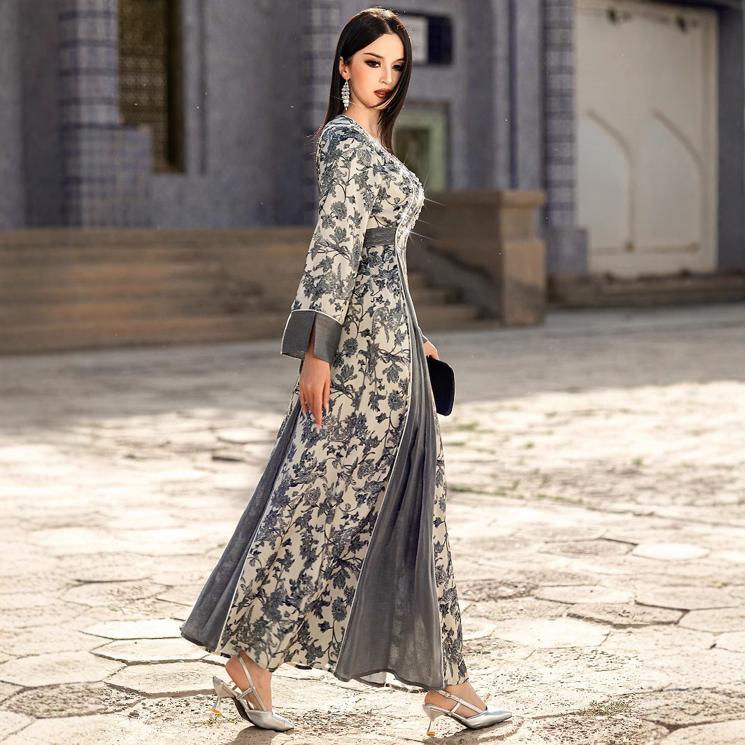 V-neck Satin Printed Muslim Dress