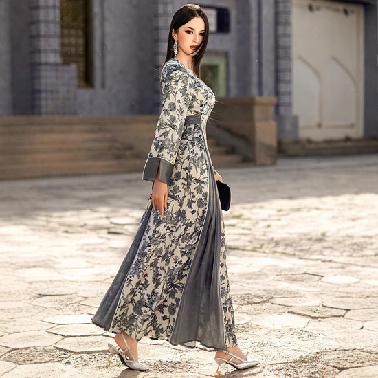 V-neck Satin Printed Muslim Dress