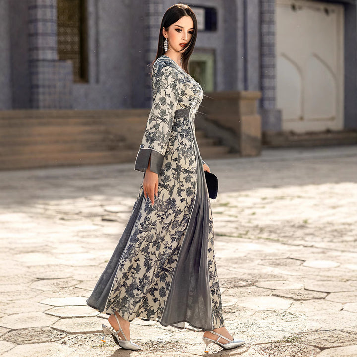 V-neck Satin Printed Muslim Dress