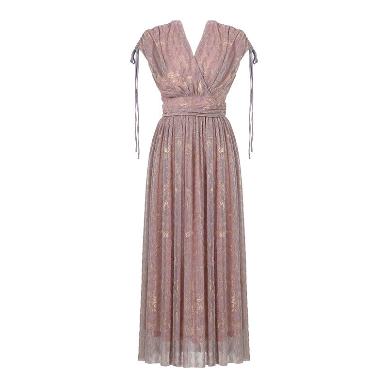 Drawstring Short Sleeve Cinched Pleated A- Line Dress
