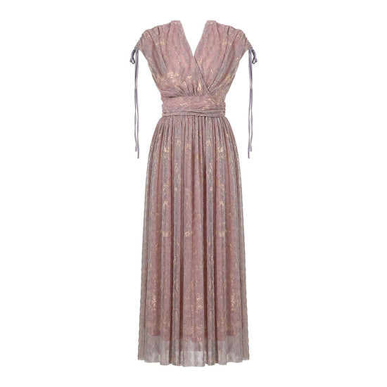 Drawstring Short Sleeve Cinched Pleated A- Line Dress
